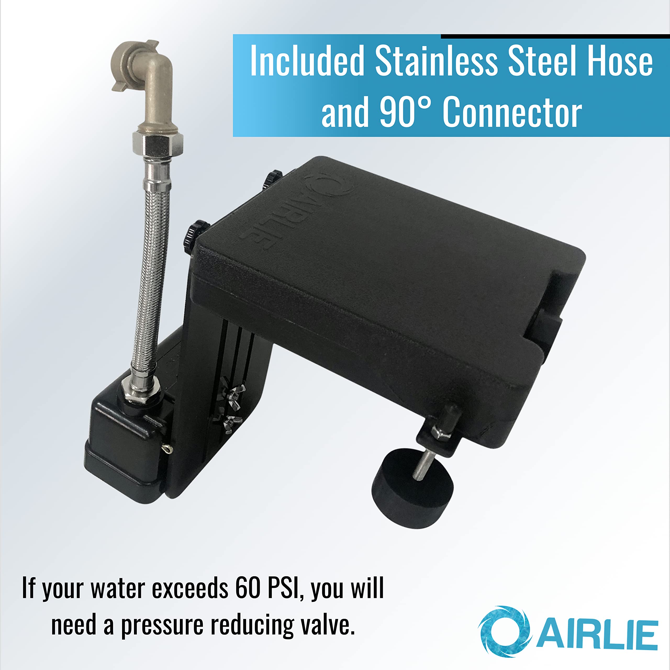 Airlie Water Leveler with stainless hose extension and 90-degree connector enables seamless hose use.