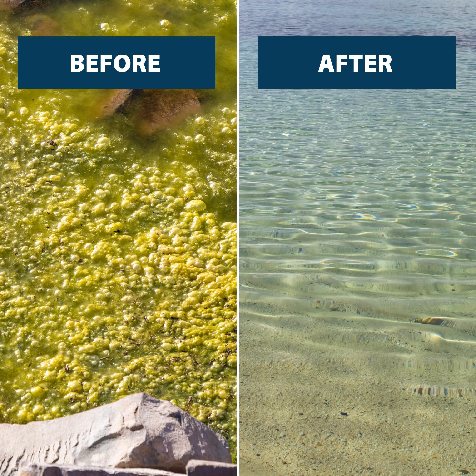 Airmax EasyKlear pond and lake treatment in action near a shoreline.