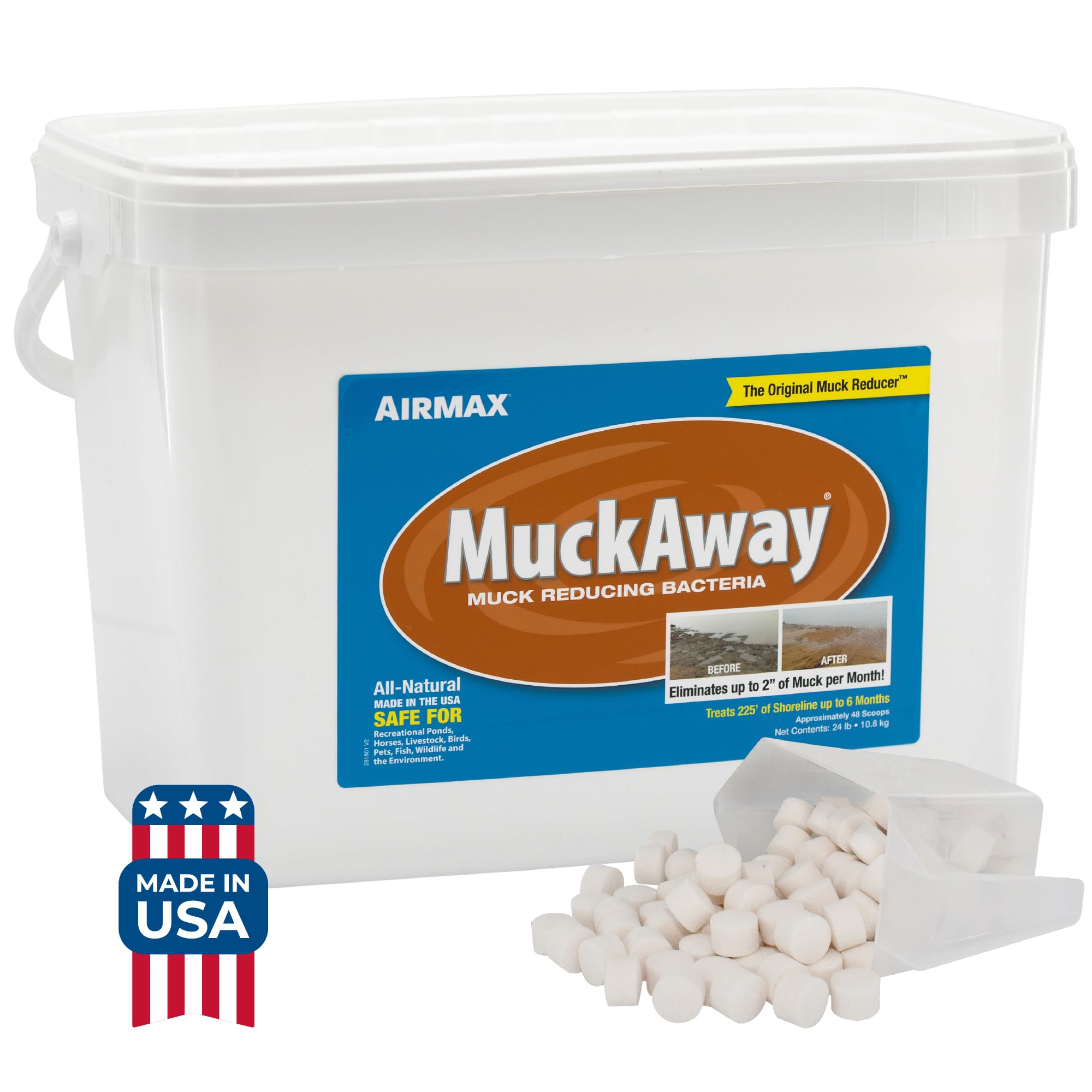 Airmax MuckAway pellets sinking to drive muck reduction in ponds.