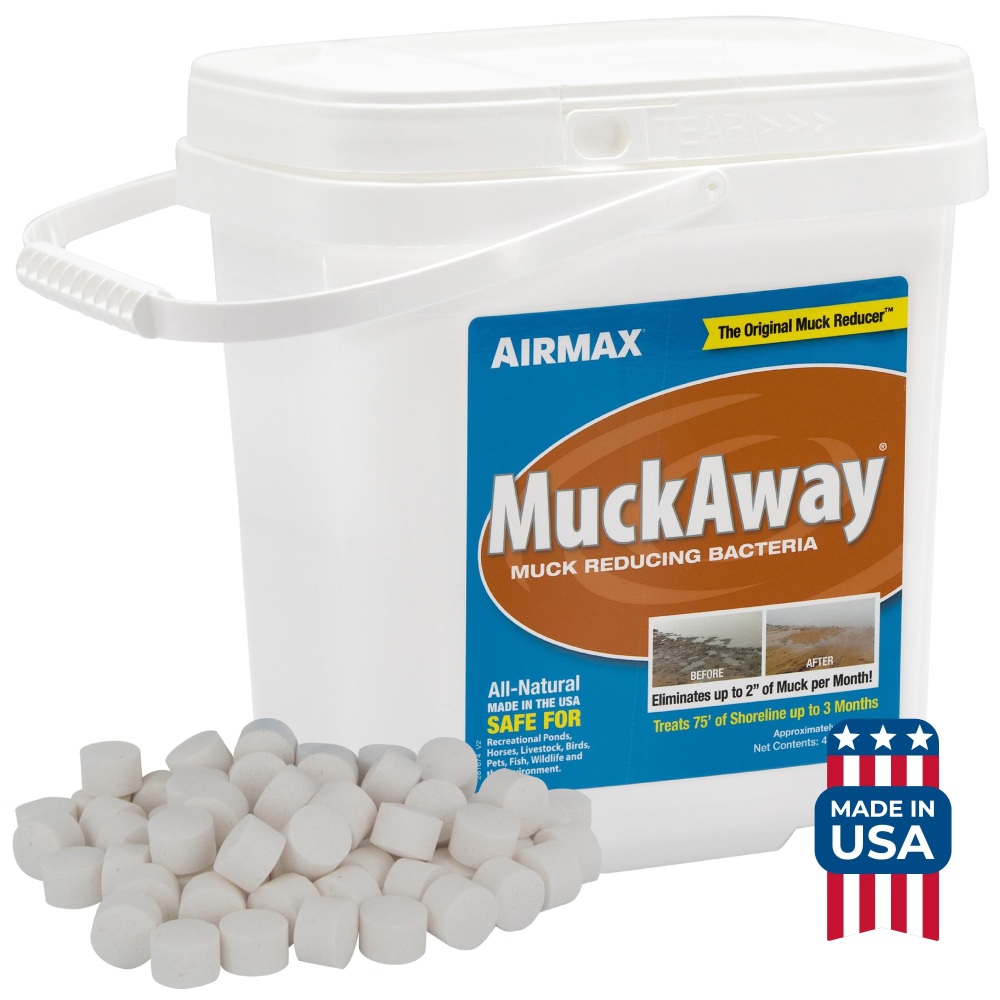 Airmax MuckAway pellets sinking to tackle pond muck beneath the surface.