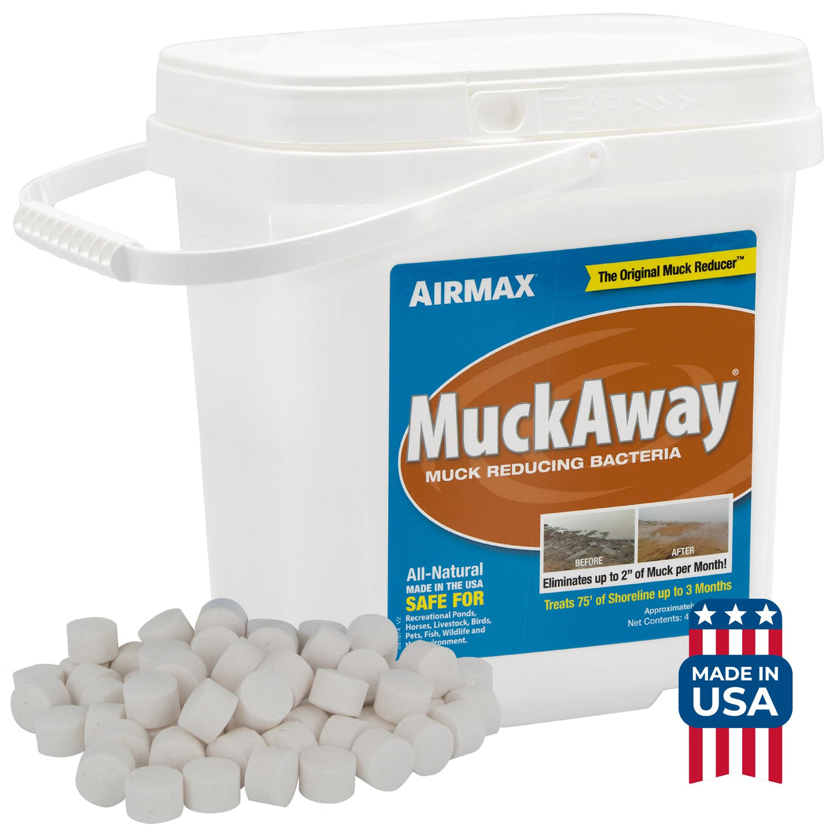 Airmax MuckAway pellets sinking to tackle pond muck beneath the surface.