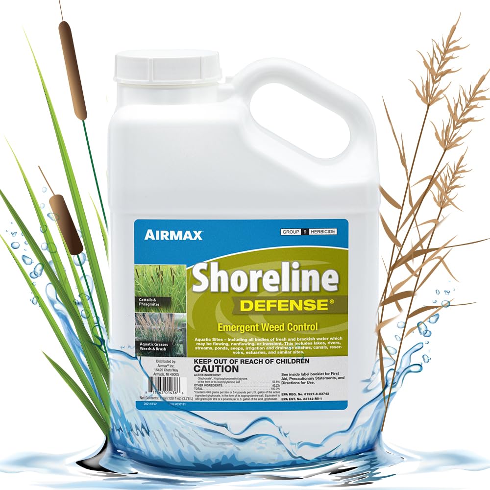 Airmax Shoreline Defense bottle and label showing effective emergent weed control along shorelines.