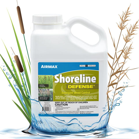 Airmax Shoreline Defense bottle and label showing effective emergent weed control along shorelines.