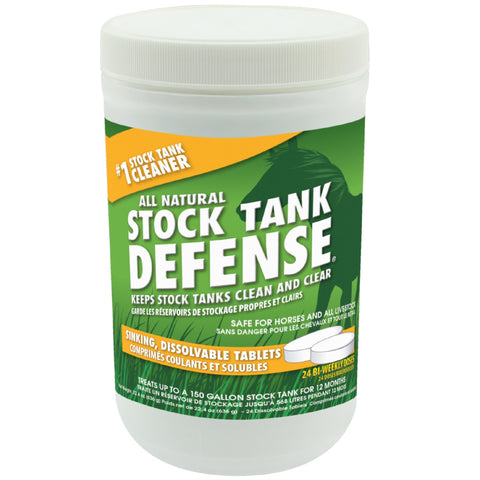 Airmax Stock Tank Defense tablets shown in packaging for farm use.