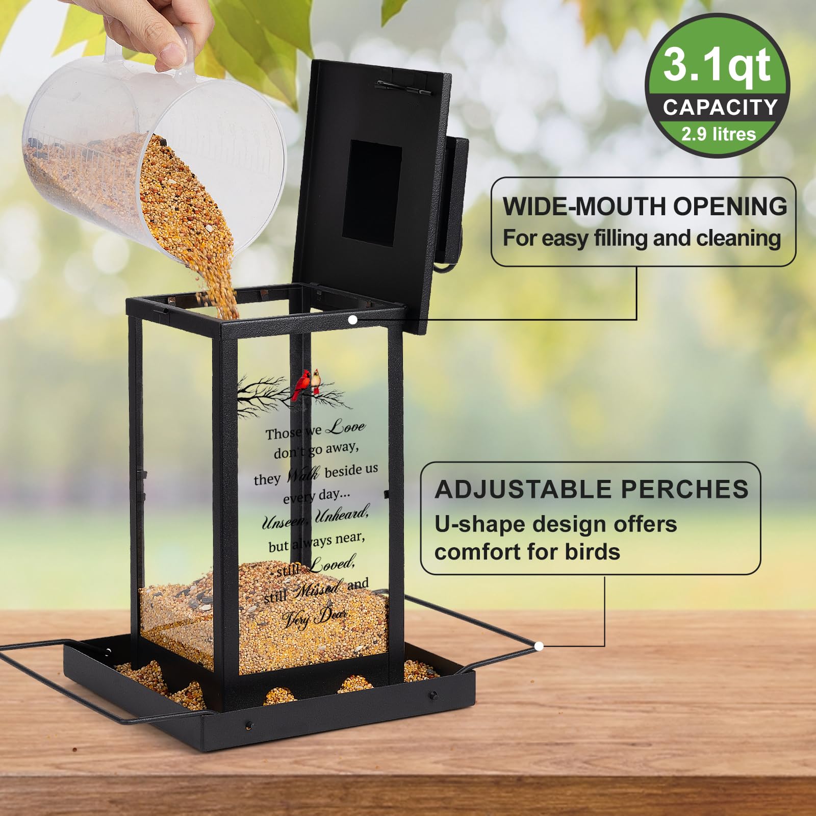 Airrioal feeder shows drainage holes that keep seed dry for a tidy feeding area.
