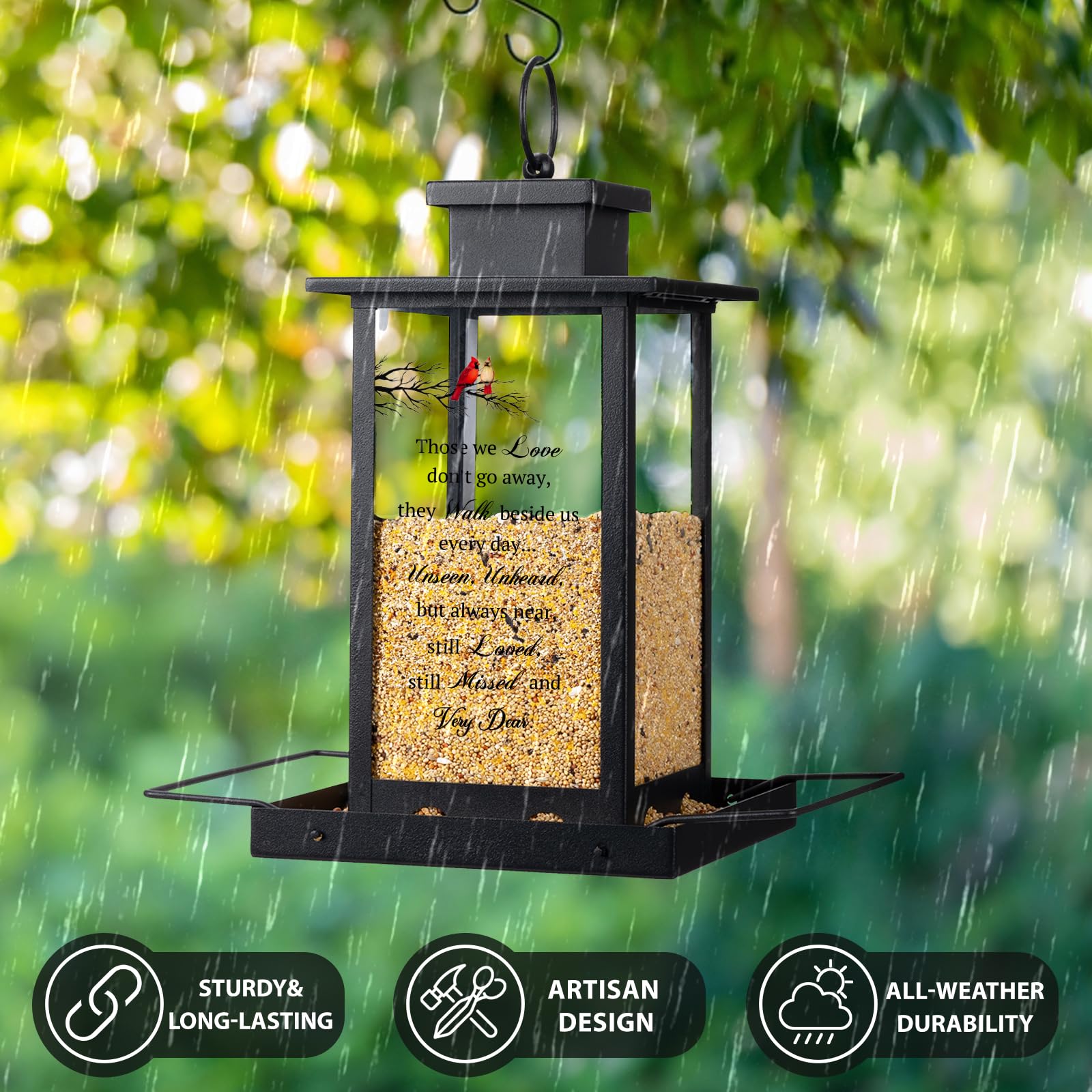 Airrioal feeder with two perches supports multiple birds at once in a tranquil yard.