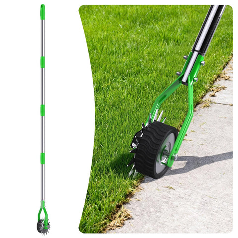 Aishkimo Edger 67-inch wheel close-up showing serrated chrome blade for precise lawn edging.