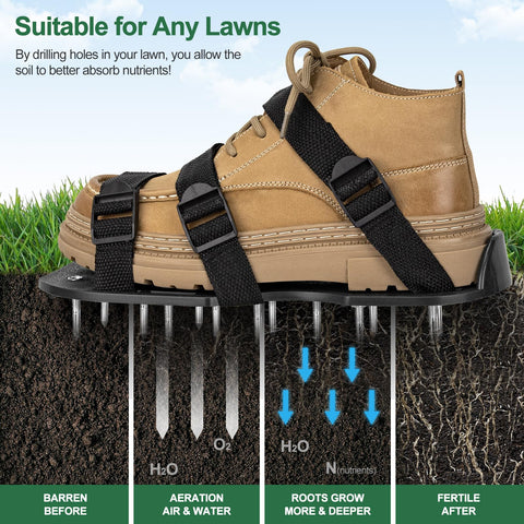 Aishkimo lawn aerator shoes adjustable strap provides secure fit during mowing or walking.