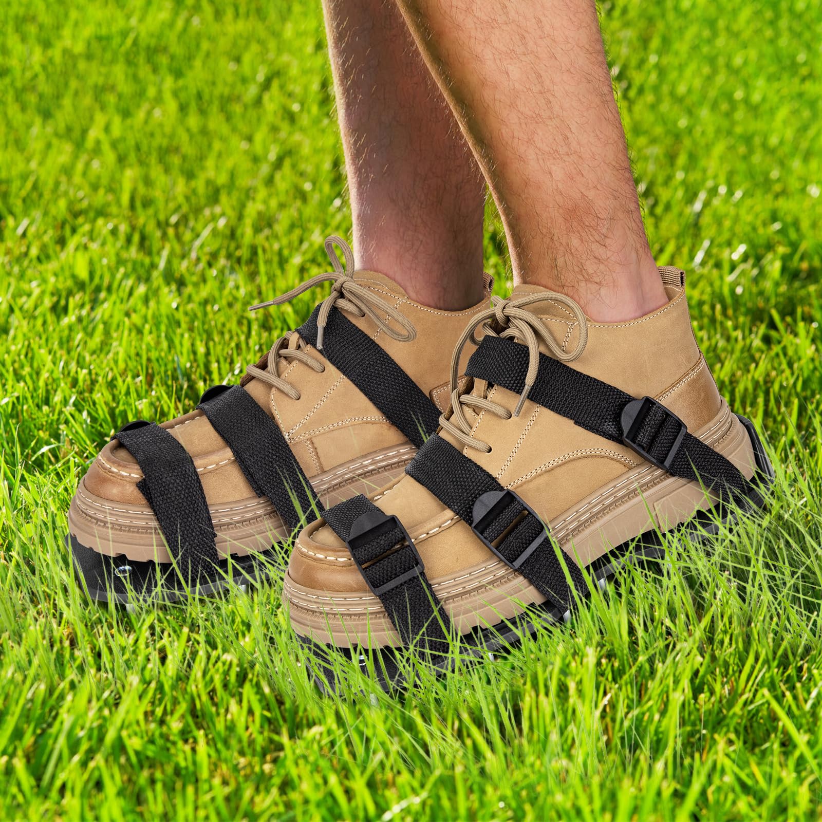 Aishkimo lawn aerator shoes used during mowing to save time on lawn care.