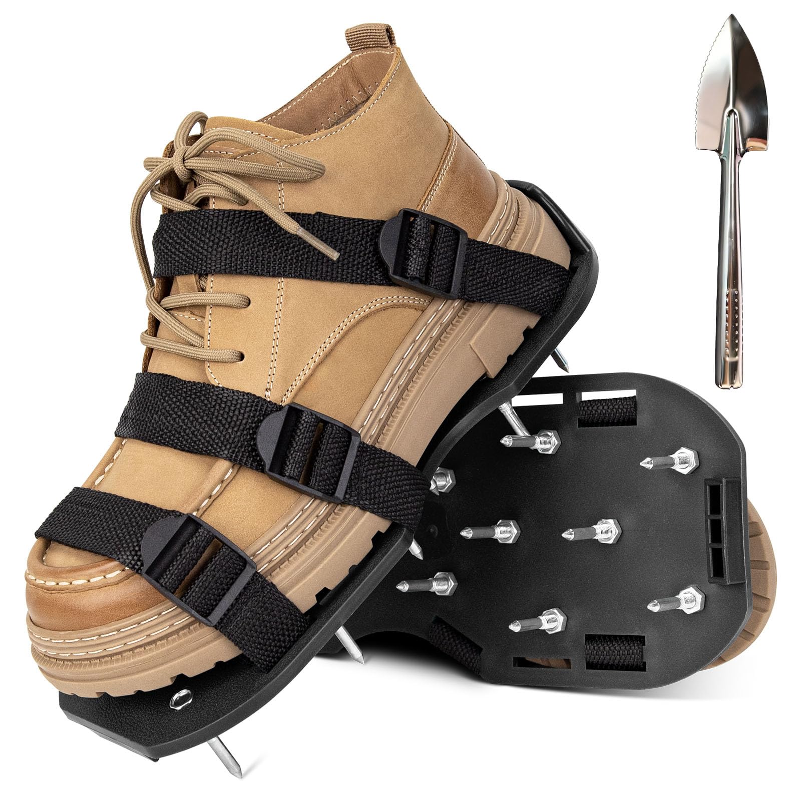 Aishkimo lawn aerator shoes on foot for easy, hands-free lawn aeration during walks.