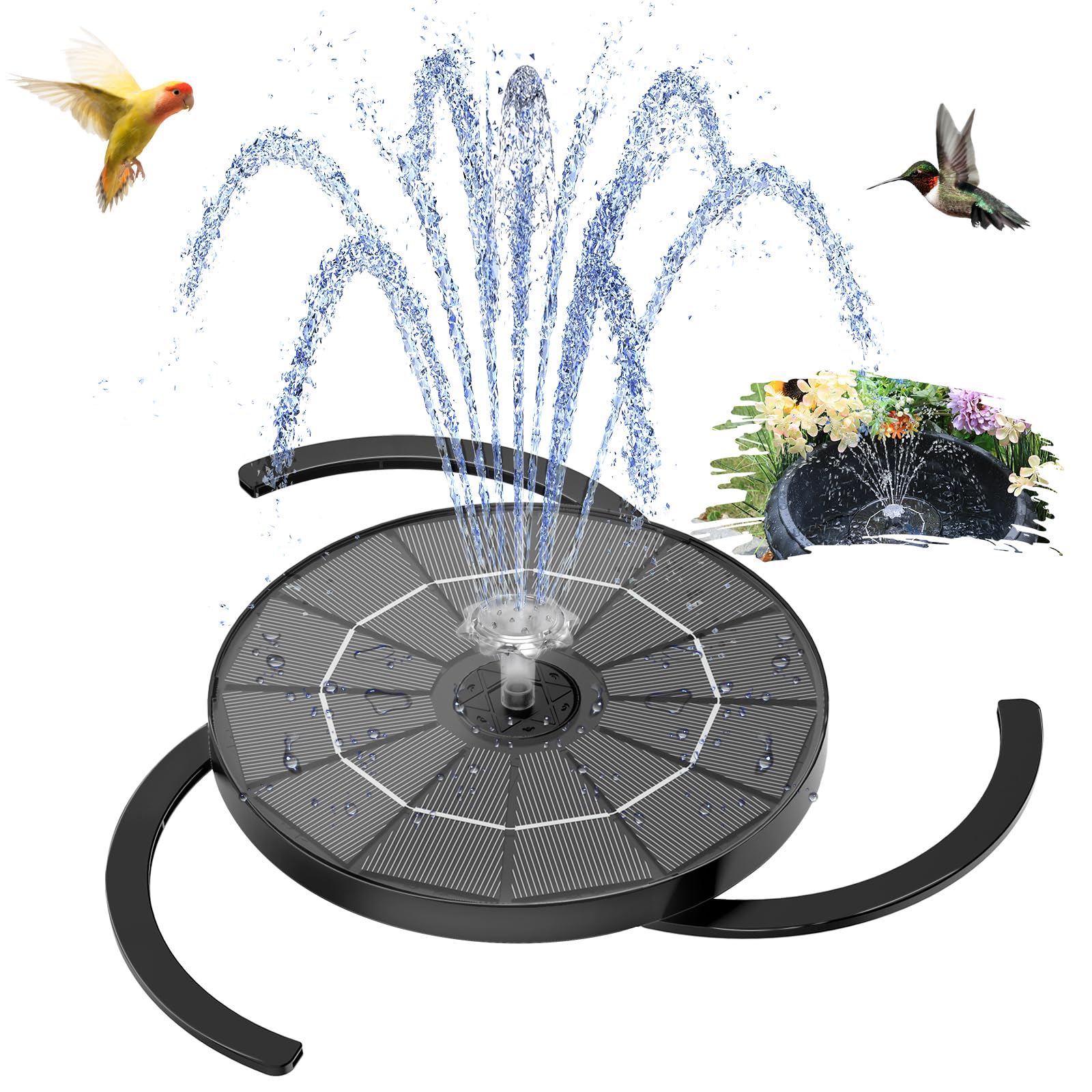 AISITIN solar panel powering a bird bath fountain for eco-friendly outdoor water features.