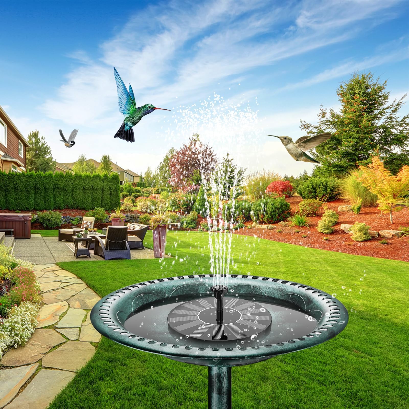 AISITIN solar bird bath pump with six nozzles for varied displays.