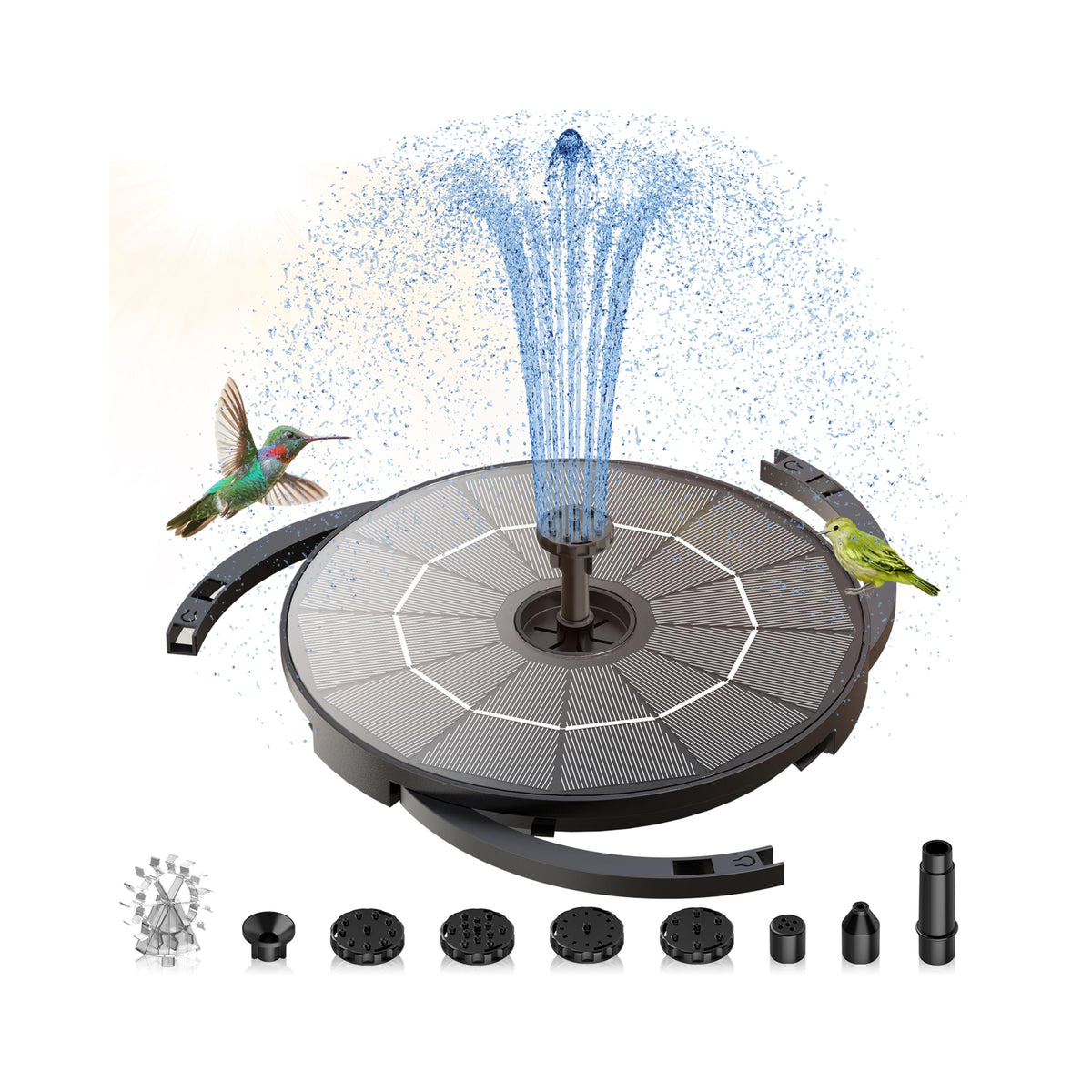 AISITIN solar fountain windmill nozzle in action, attracts birds and adds playful motion.