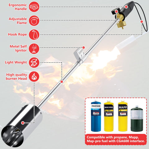 Aismrii weed torch with high-output flame delivers strong heat for tough weeds.