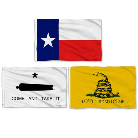 Aisto 3-piece Texas flags set with Come and Take It flag, ideal for home or office display.