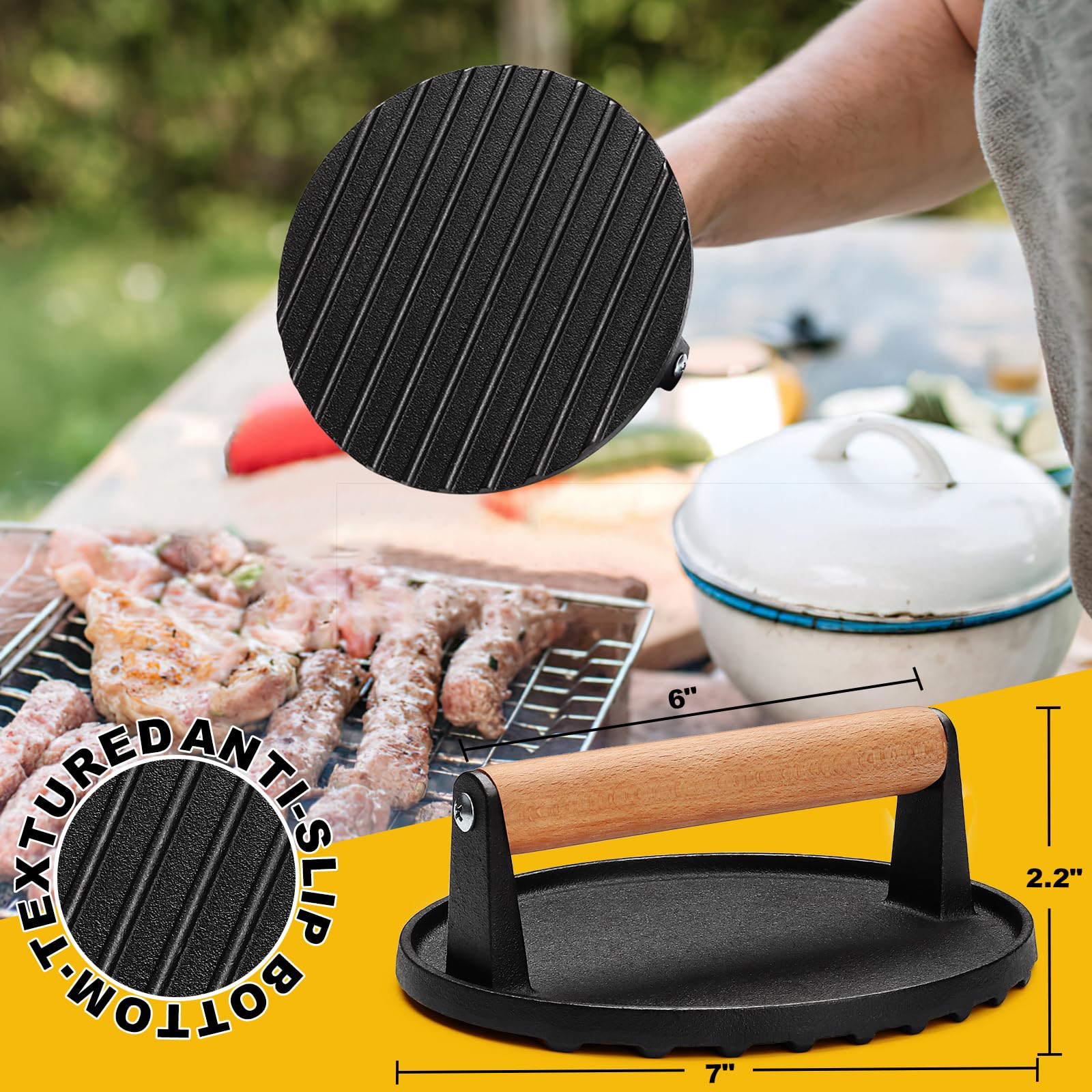 AIVIKI burger press showing grooved bottom for sear marks