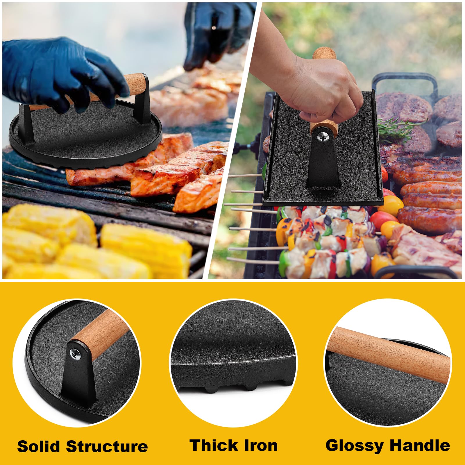 AIVIKI grooved-bottom press adds grill marks and helps drainage for even browning.