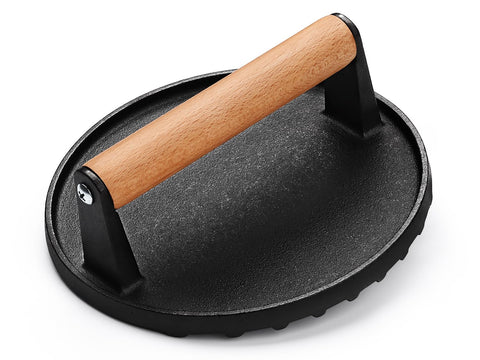 AIVIKI burger press with wood handle for even pressure on the grill