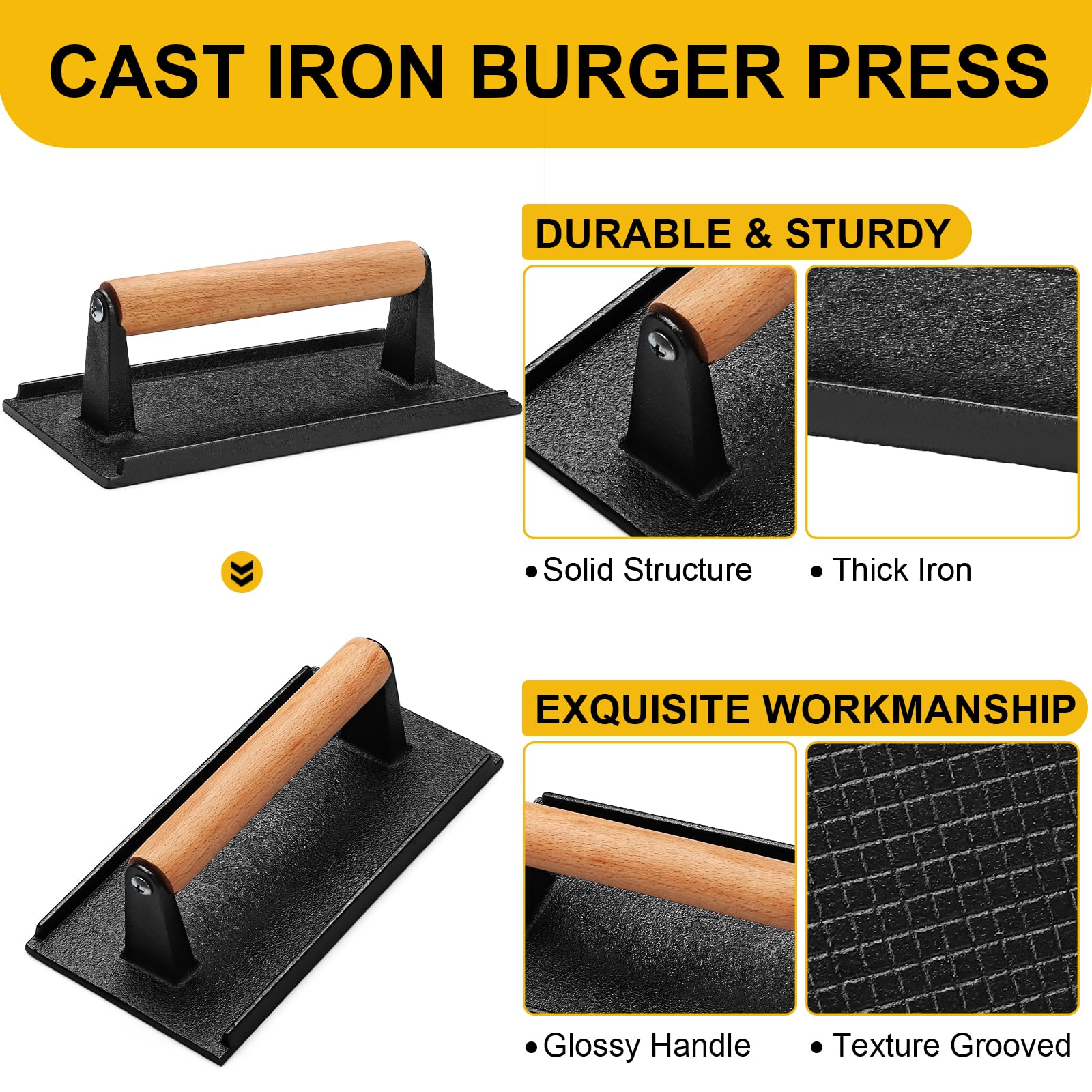 AIVIKI burger press with wooden handle close-up for safe grip.