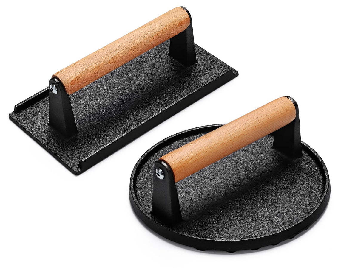 AIVIKI Burger Press with wood handle for comfortable, even pressing on a grill.