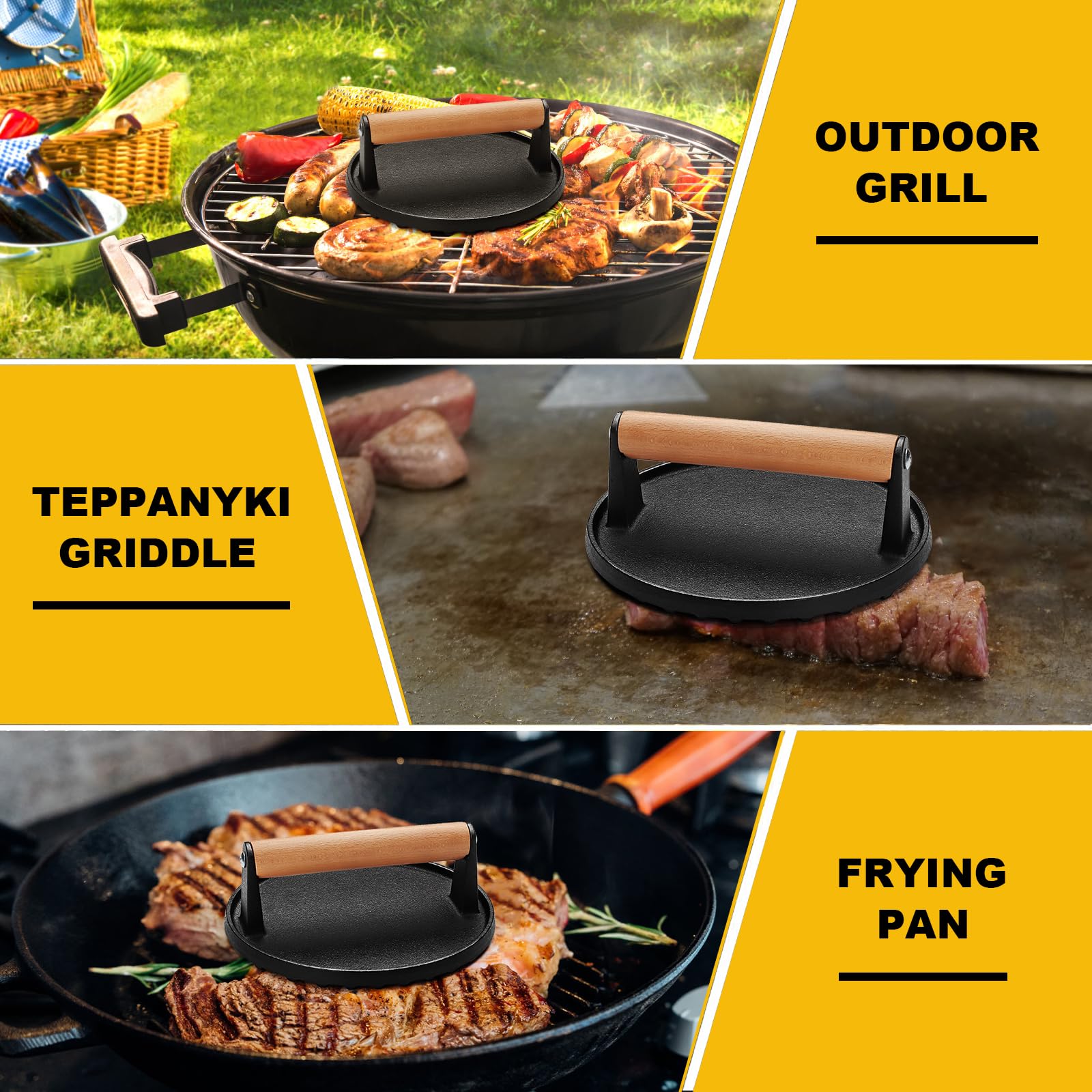 AIVIKI smash burger press in use on a hot griddle