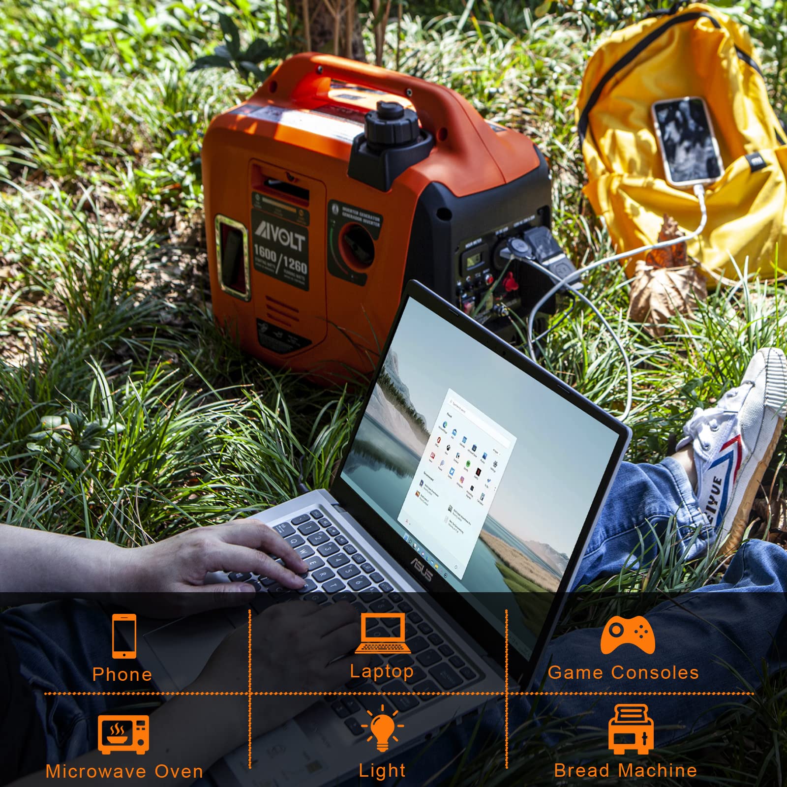 AIVOLT 1600W inverter generator CO Protect feature for safe outdoor use.