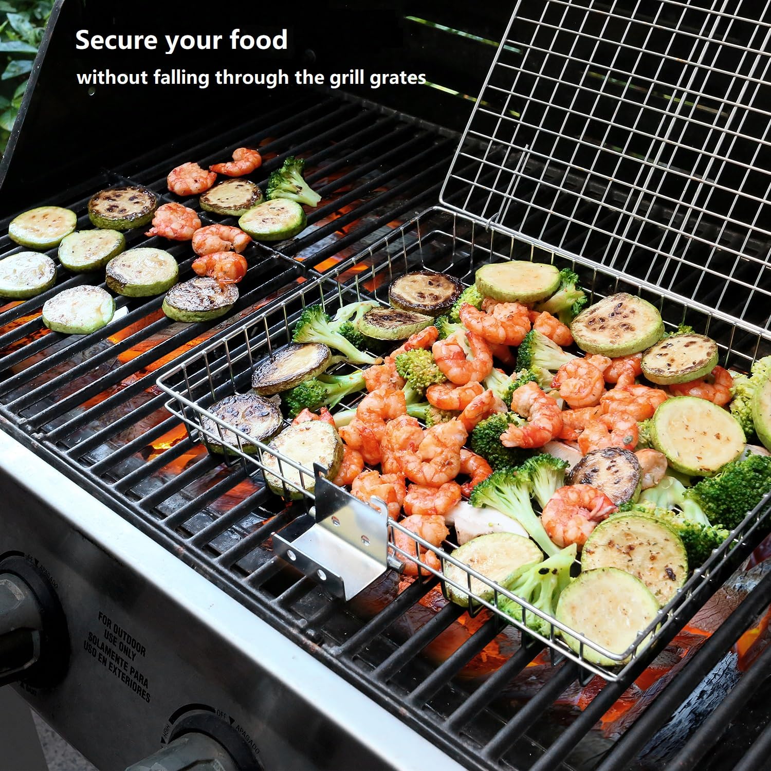 AIZOAM grill basket with ample space for meat and vegetables.
