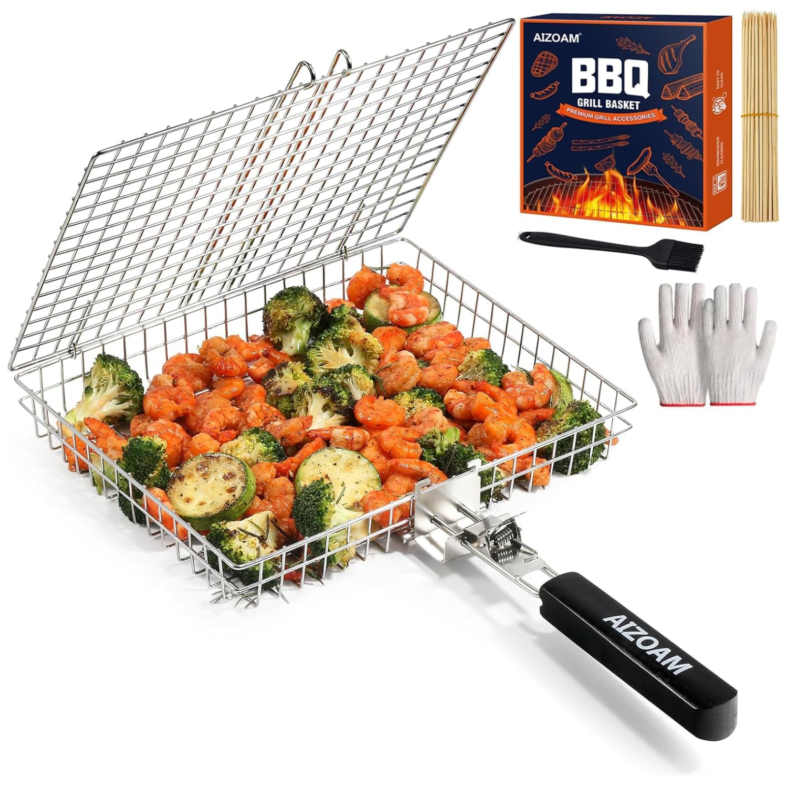 AIZOAM Grill Basket with removable handle for safer, easier grilling.