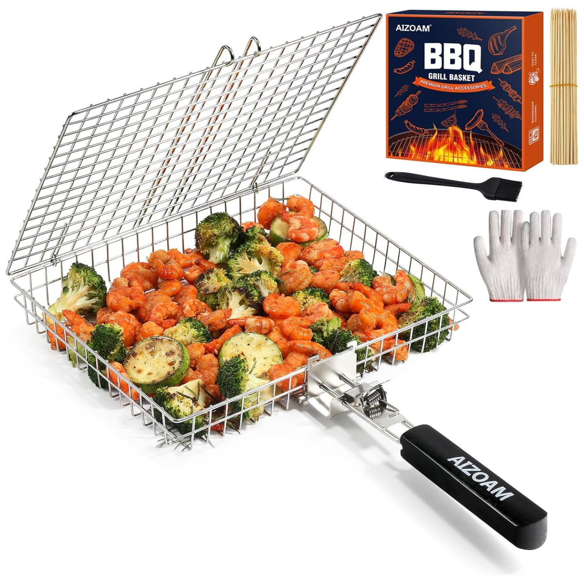 AIZOAM Grill Basket with removable handle for safer, easier grilling.