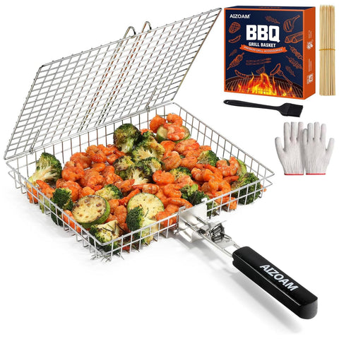 AIZOAM Grill Basket with removable handle for safer, easier grilling.