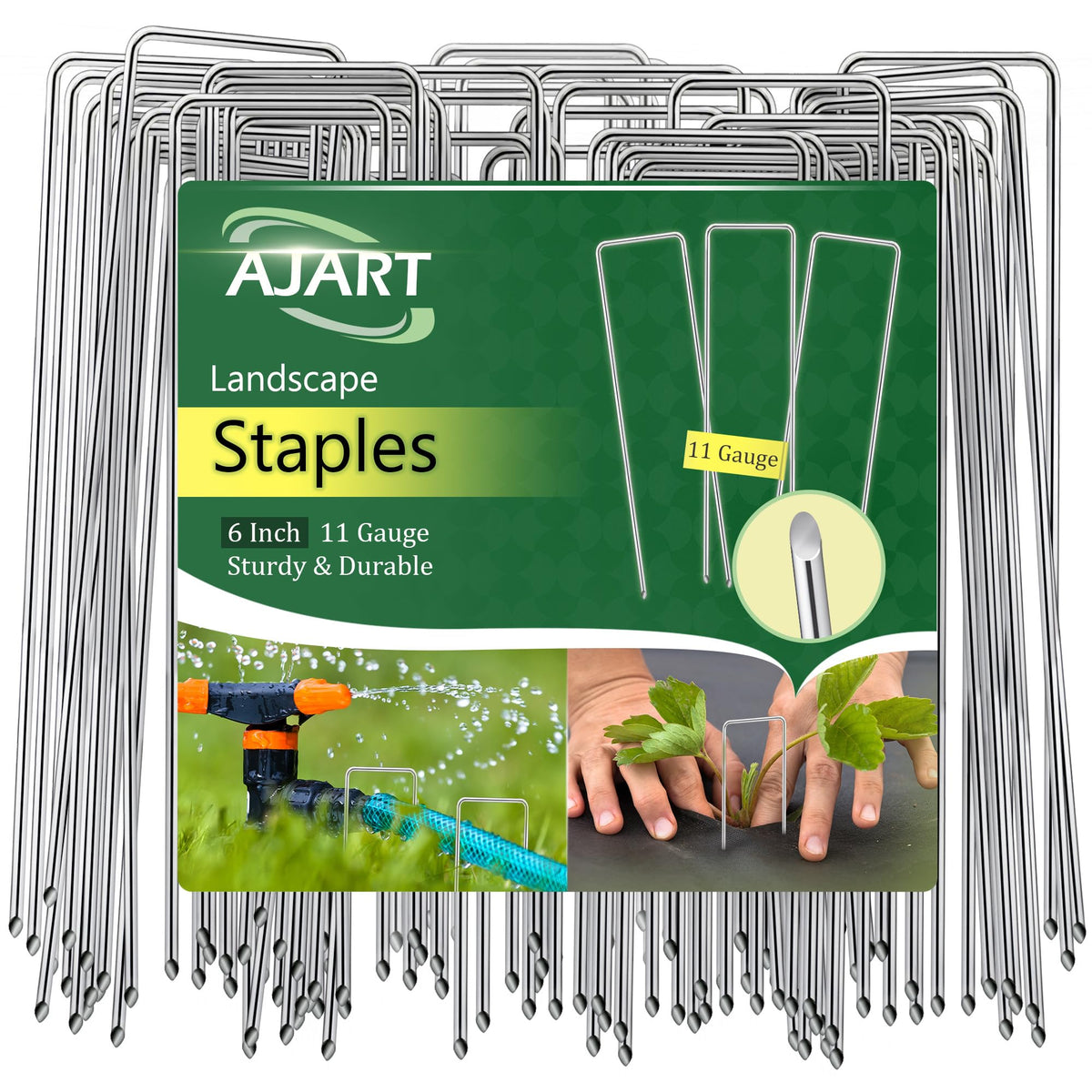 AJART landscape staples close-up showing the galvanized finish for durable ground securing.