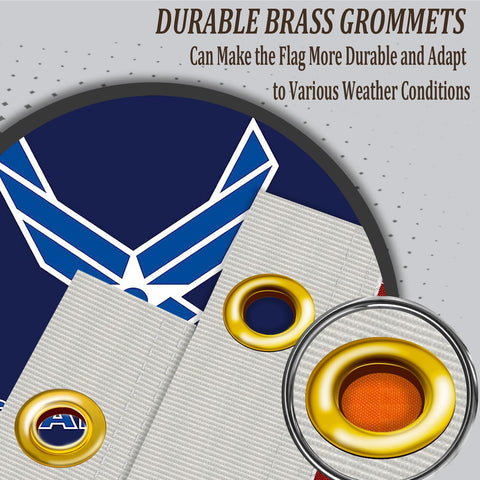 Flag header with brass grommets on AJJSUE USAF Wings flag for secure mounting.