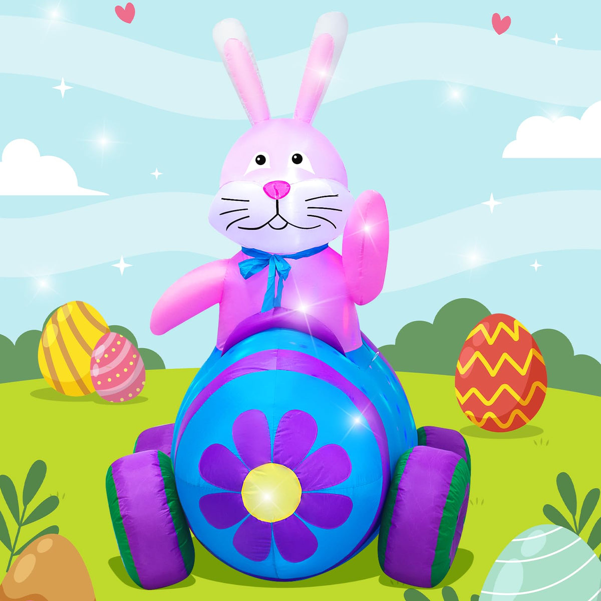 AJY 4ft Easter bunny inflatable waving from a car to boost curb appeal
