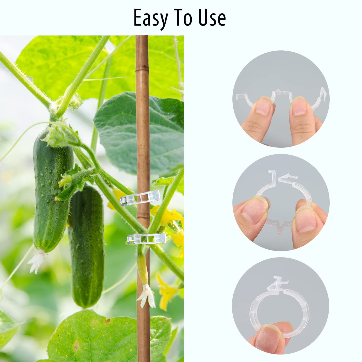 AK1980 Clip-on-strings setup highlights easy stake attachment without damaging vines.