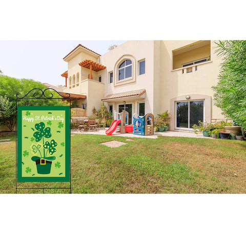 Akeydeco flag showing a bright green shamrock and hat motif for outdoor display