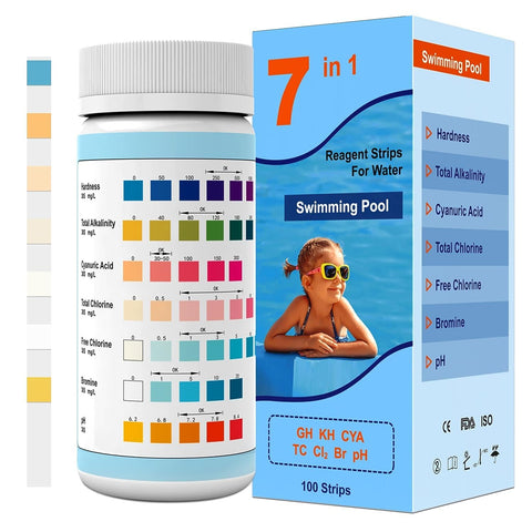 AKSBTEC 7IN1 pool test strip bottle with color chart for quick water testing