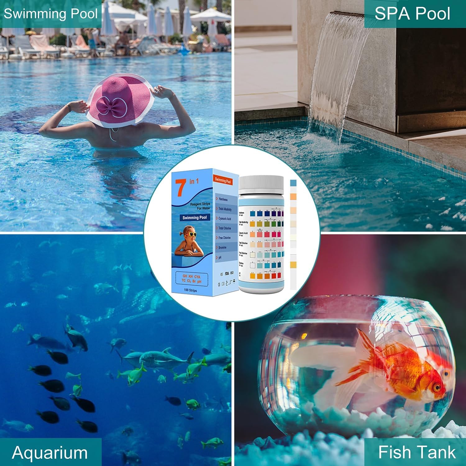 AKSBTEC 7IN1 test strip in use beside a pool for on-site checks