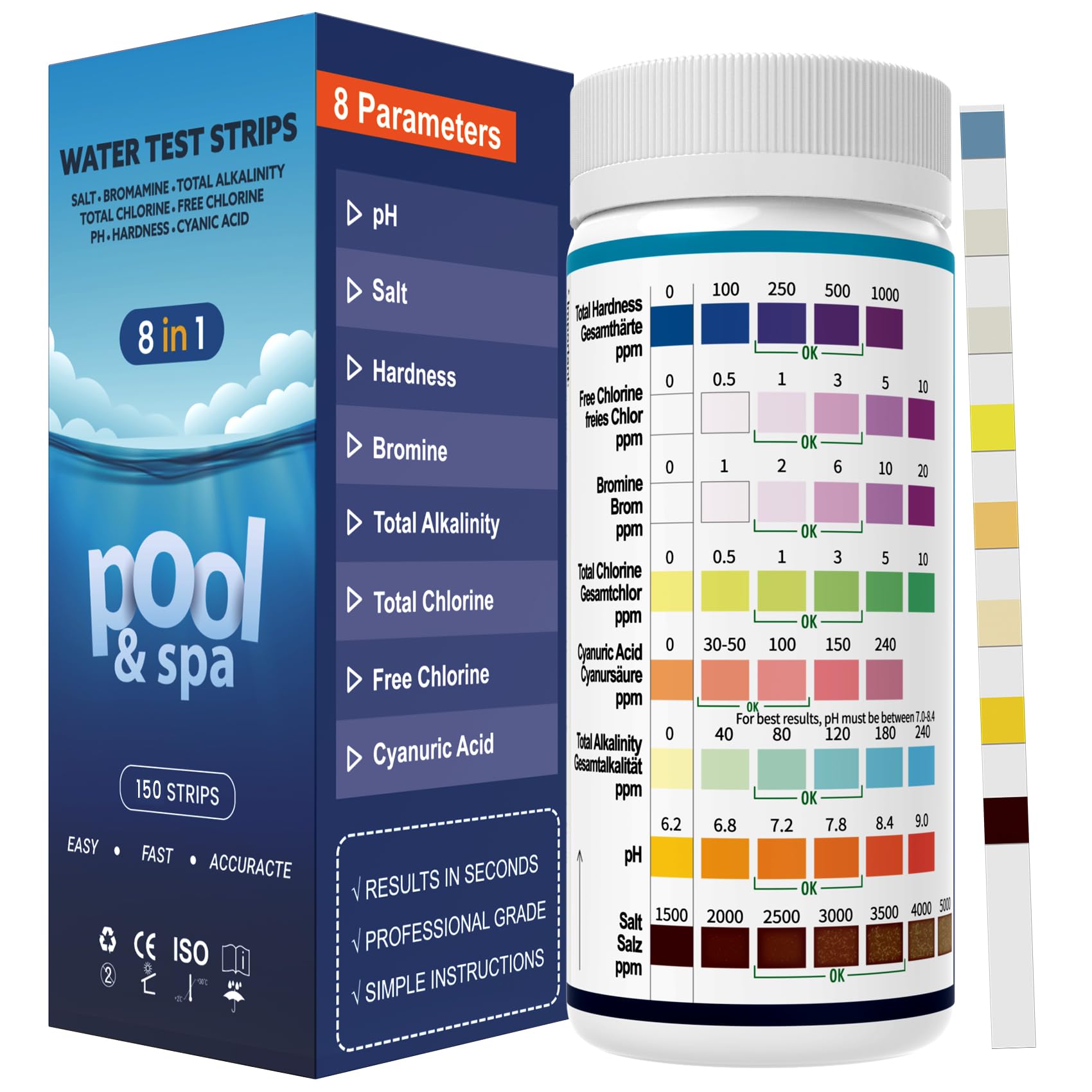 AKSBTEC salt water 8-in-1 test strip kit box for all-in-one pool testing.