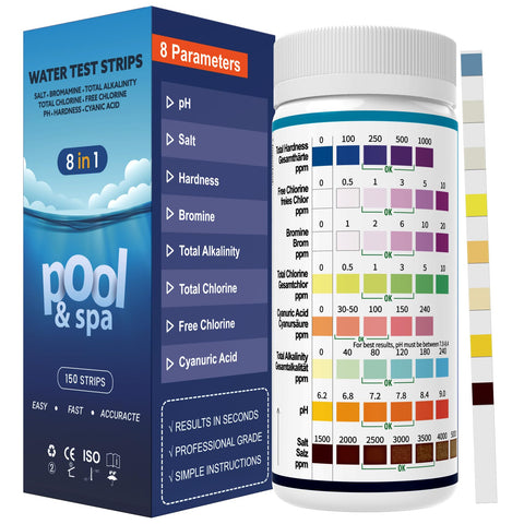 AKSBTEC salt water 8-in-1 test strip kit box for all-in-one pool testing.