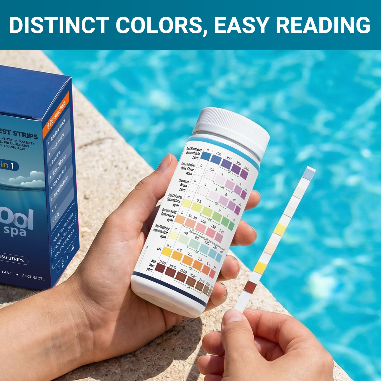 AKSBTEC pool side test strips used for balanced water.