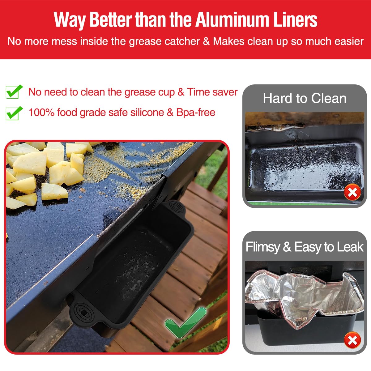 AKSDTH Blackstone silicone grease cup liner for 17-inch grills enables quick cleanup after cooking.