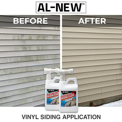 AL-NEW Outdoor Cleaner on aluminum siding restoring brightness with minimal scrubbing