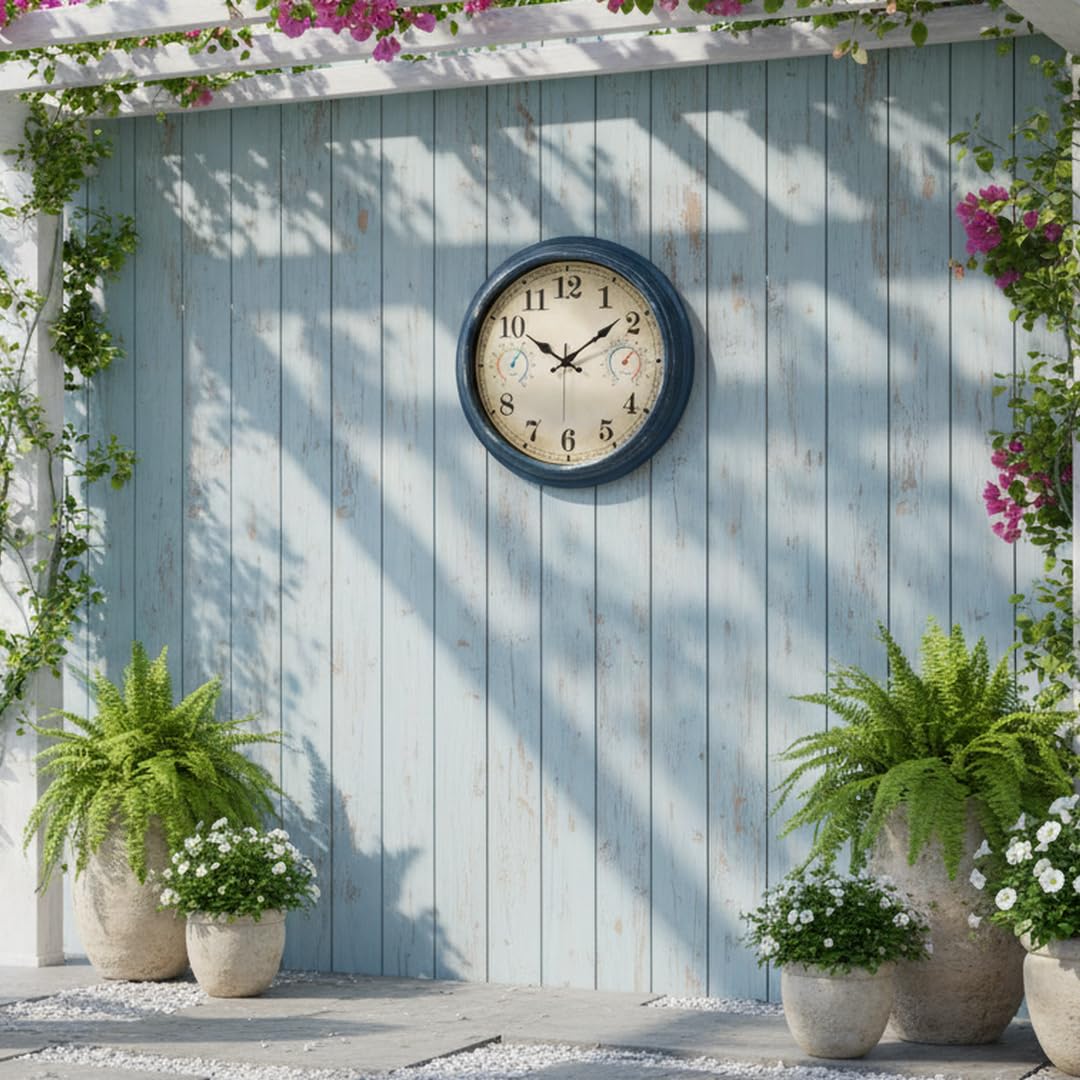 Alarllok blue coastal outdoor clock adds vintage charm while monitoring temperature.