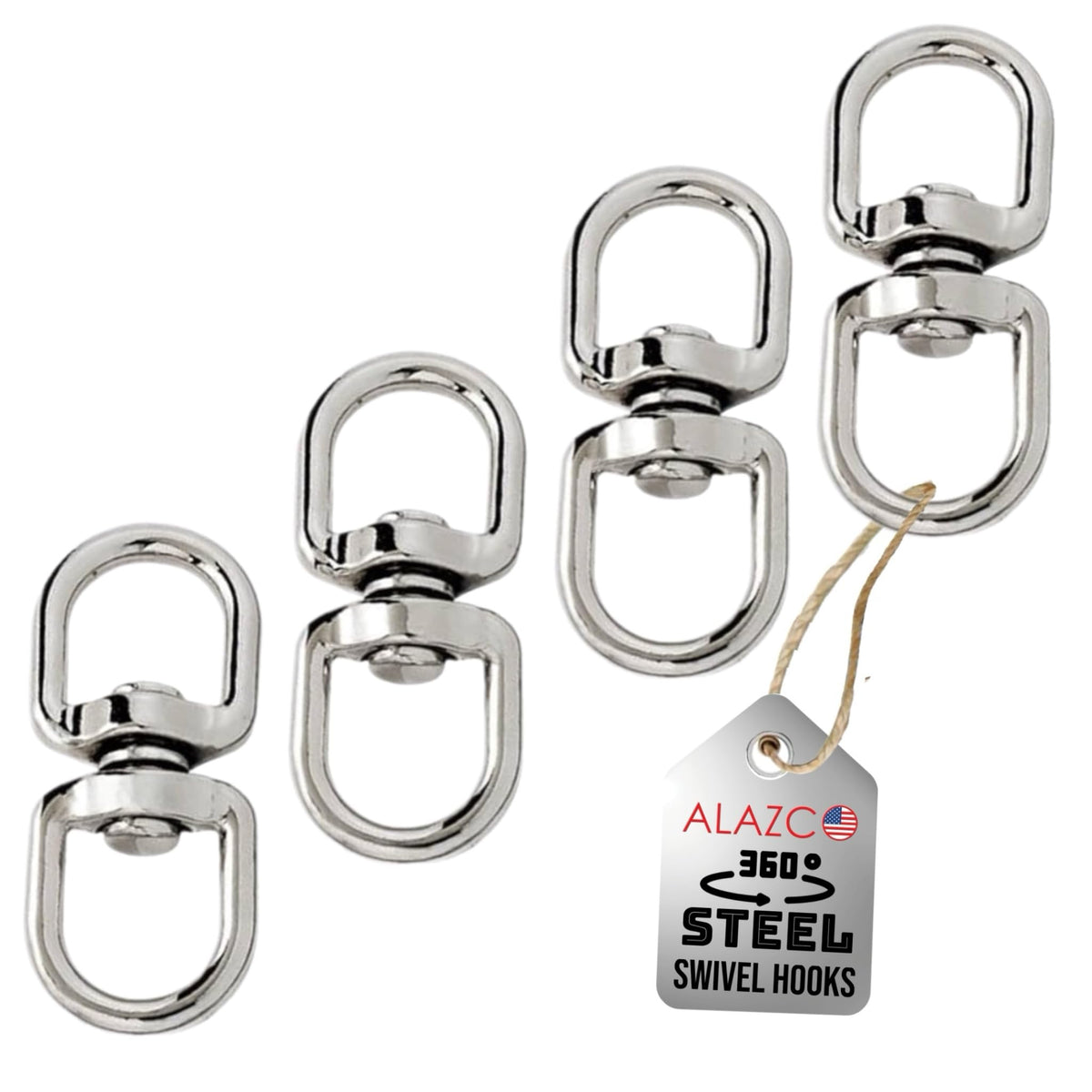 ALAZCO 4-pack hanging basket spinners with nickel-plated outdoor durability and smooth rotation.
