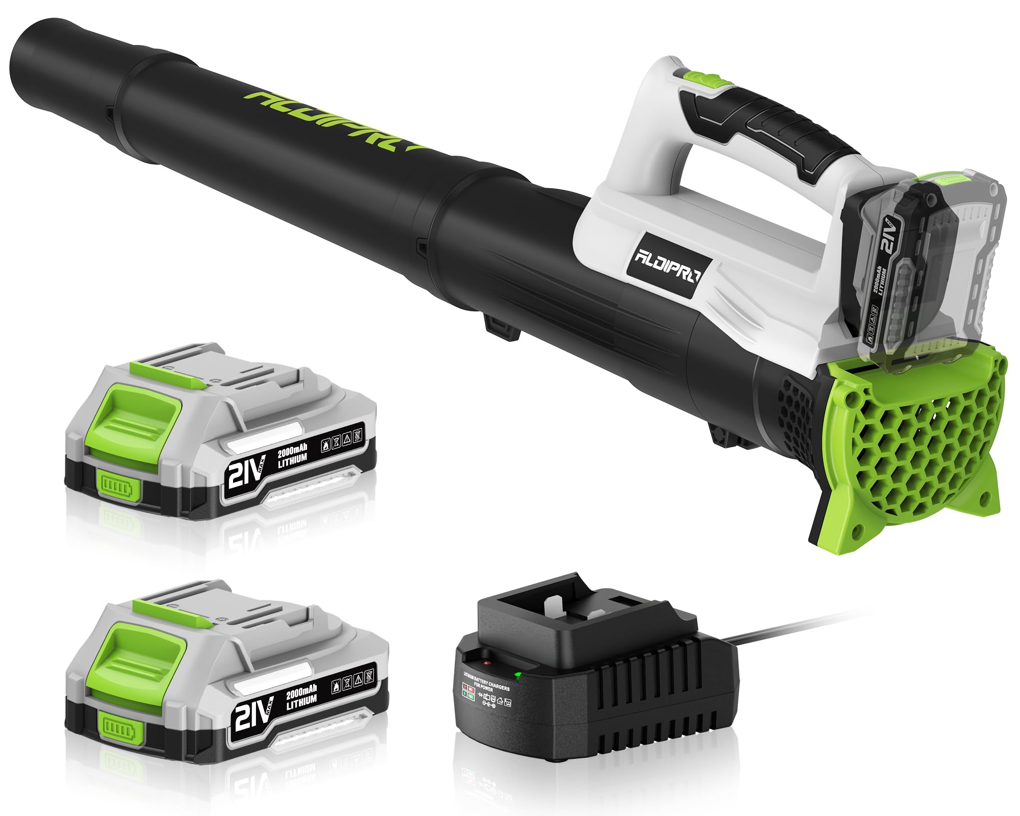 ALDIPRO leaf blower main unit demonstrates cordless 21V portability for quick yard tasks.
