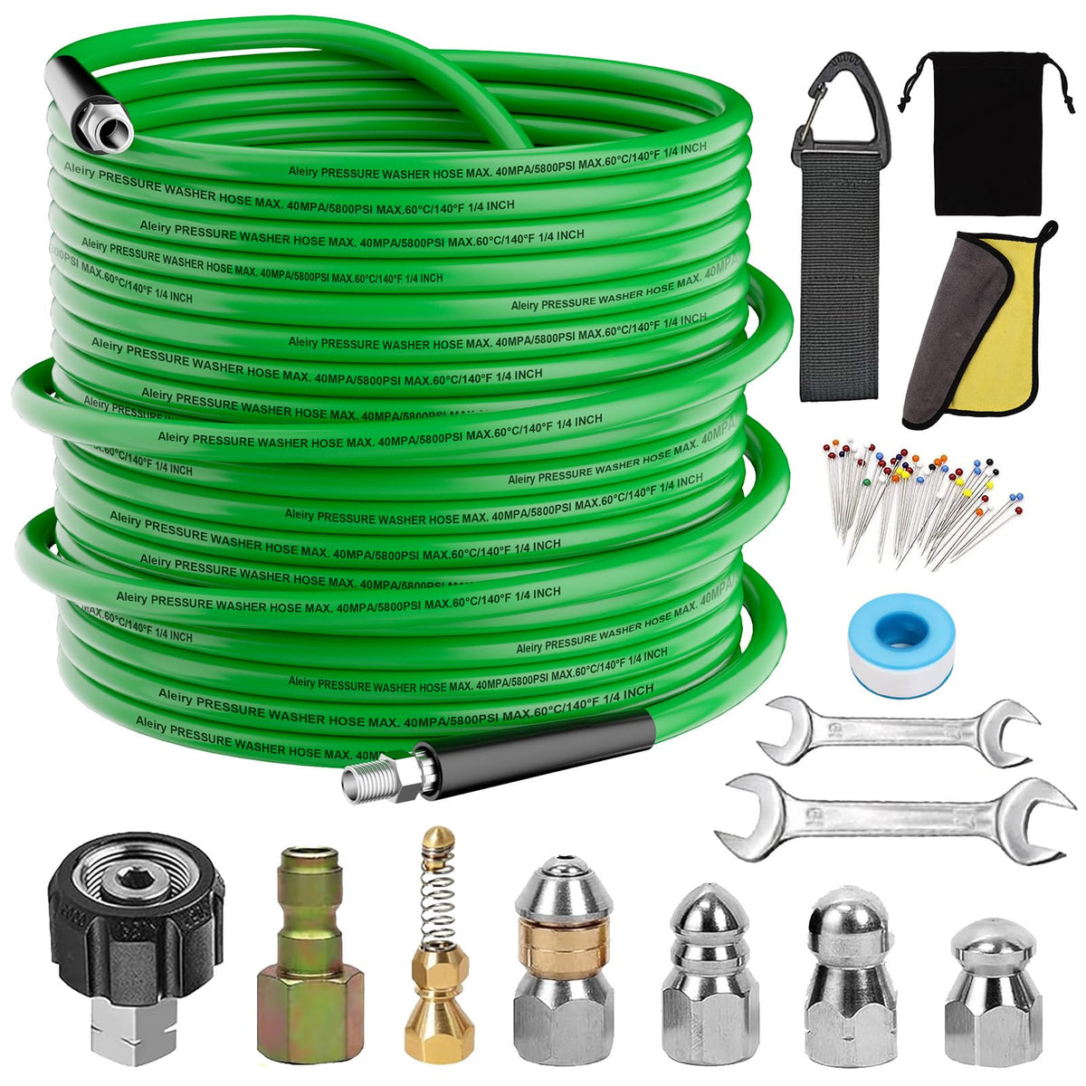 Aleiry sewer jet kit 100 ft hose enables long-range drain cleaning.