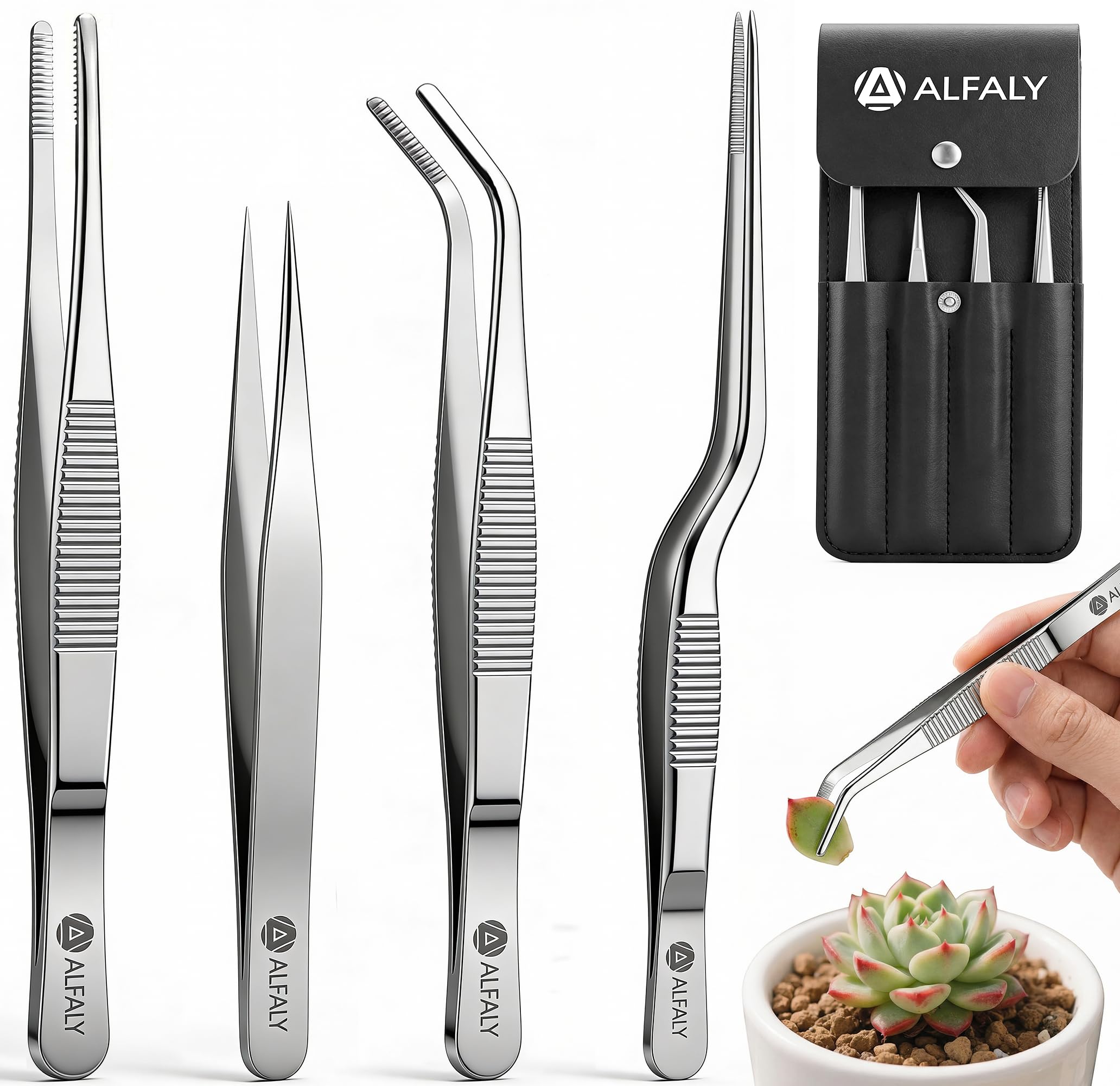 Alfaly 4pcs succulent tweezers set for precise leaf placement in pots