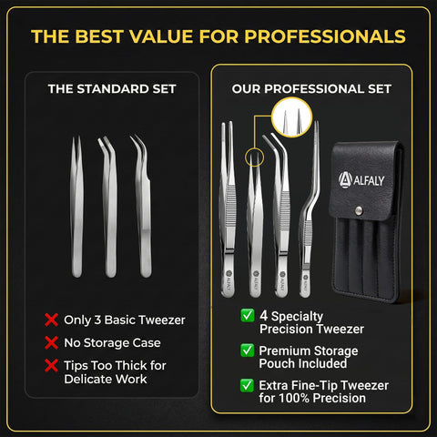 Alfaly stainless steel tweezers close-up highlight durable, corrosion-resistant finish