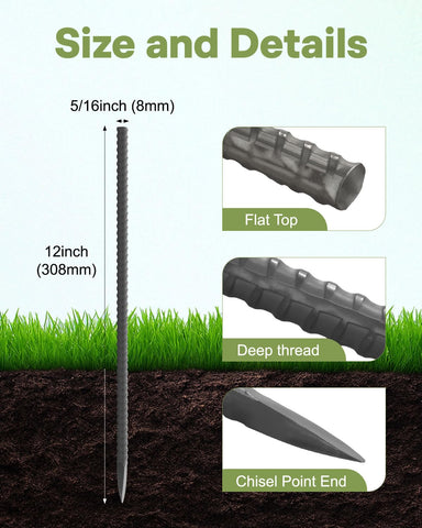 Alffun rebar stake chisel-point close-up highlighting easy soil penetration.