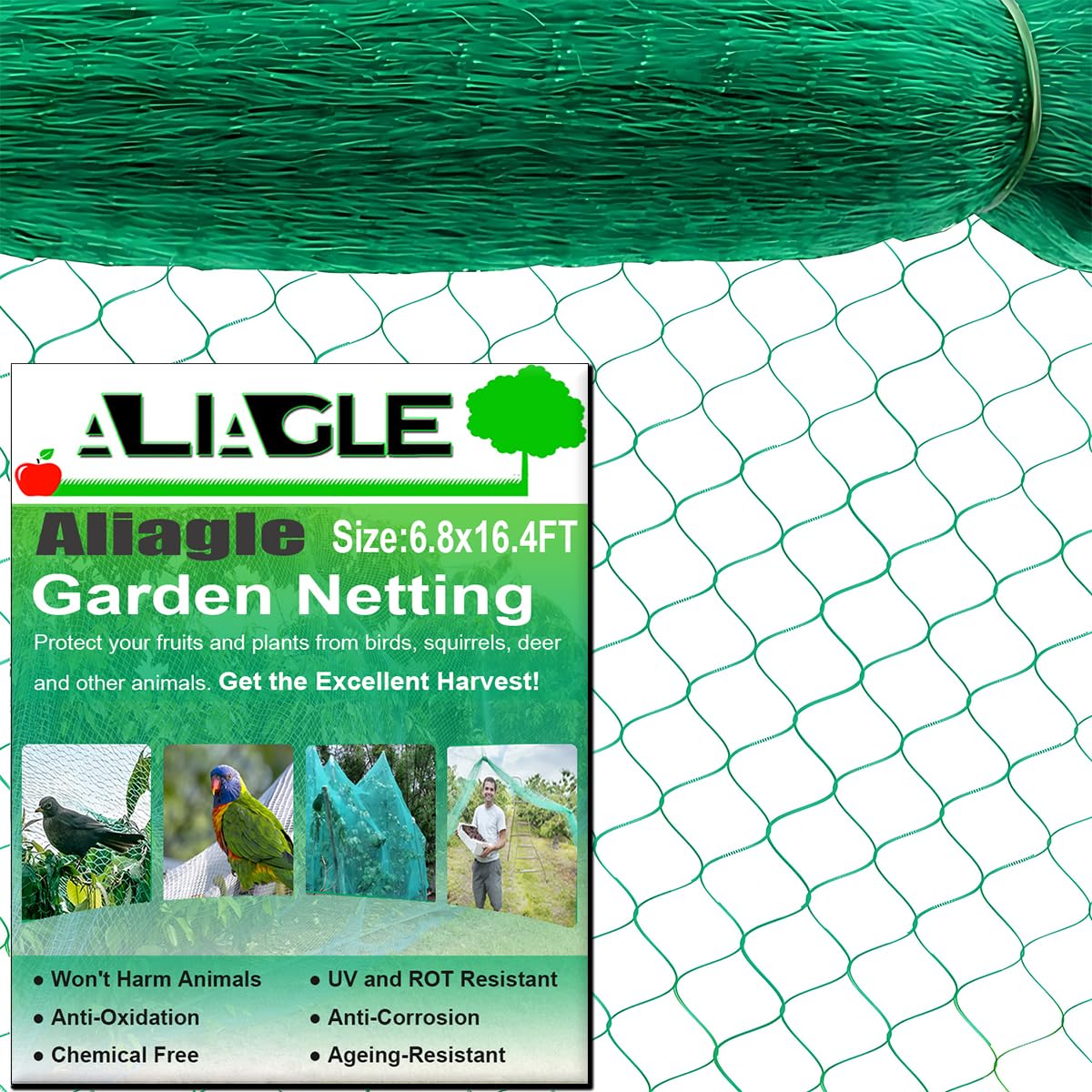 Aliagle bird netting protecting garden vegetables from birds while allowing sun and rain.